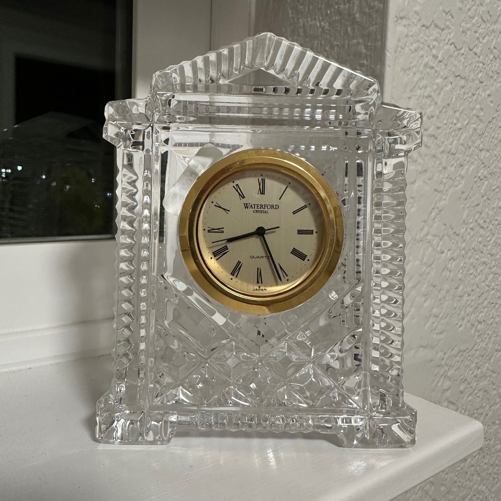 Waterford Crystal Mantel Clock Gold Roman Numeral Quartz Desk Accessory 4.25in